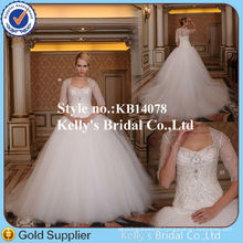 Gorgeous long trian crystal beaded lace overlay bridal wedding dress 2014